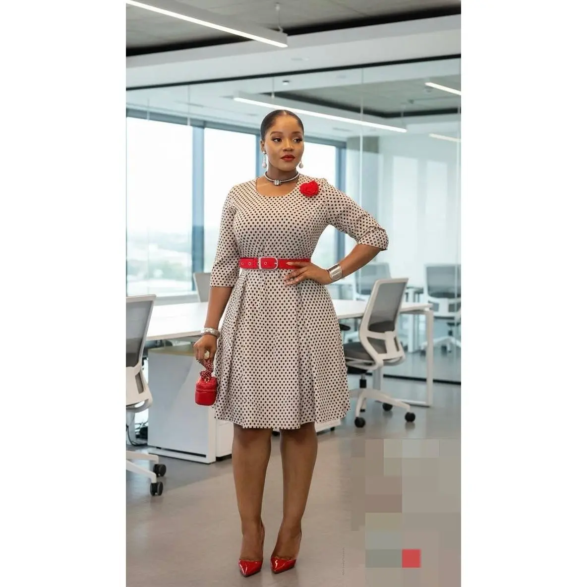 Beige Polka Dot A-Line Dress with Red Belt | Godshand Fashion Empire
