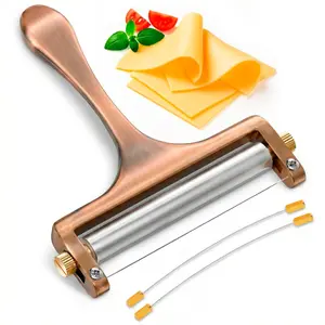 Stainless Steel Cheese Slicer for Block Cheese – Effortless Even Slices Every Time, Handheld Wire Slicer with Adjustable Thickness for Mozzarella, Cheddar, Gruyere, 2 Replacement Wires, Bronze Finish
