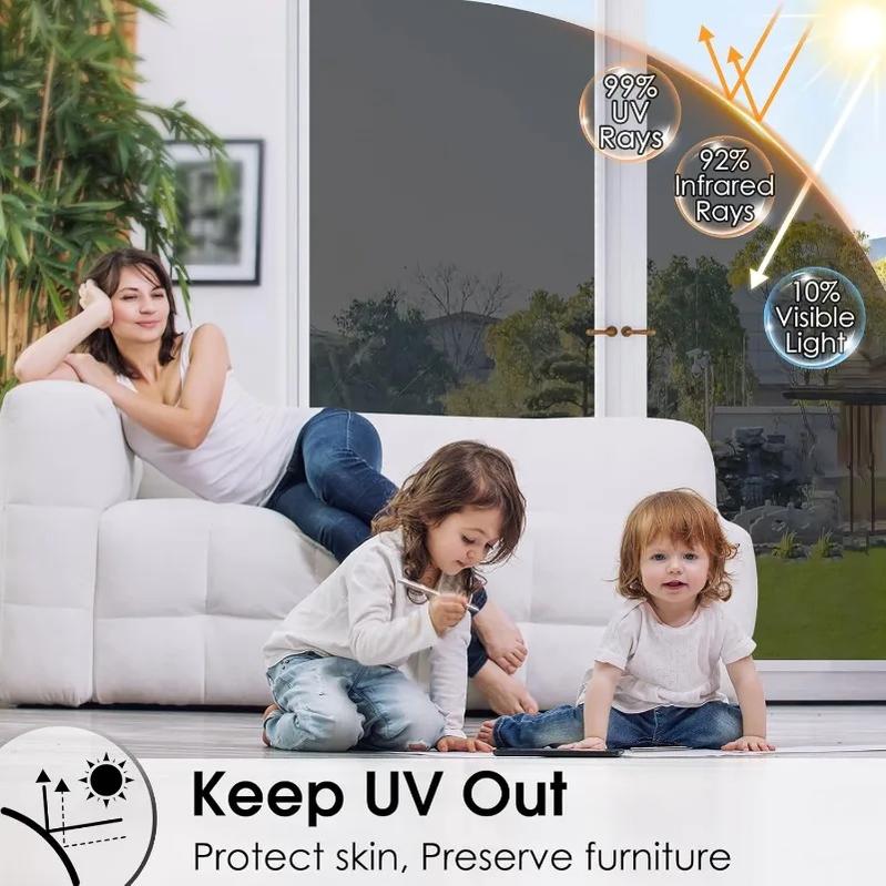 One Way Mirror Window Film - See Out Not In Daytime Privacy Tint, Heat Control UV Protection Static Cling Glass Cover for Home Office