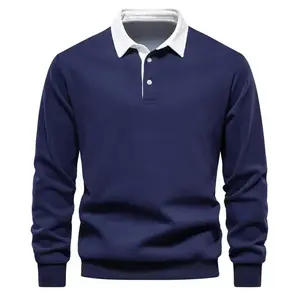 Men's Long Sleeve Polo Shirts Slim-fit Cotton Rugby Shirt Basic Color Spliced Designed Sweatshirt