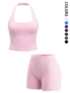 Women's Summer Halter Top and High-Waisted Shorts Set, Comfortable Skin-Friendly, Ideal for Daily Commute, Casual Outing, Sports Fitness