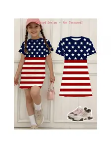 Girls' American Flag Pattern Dress, Short Sleeve Striped Star Princess Dress, Casual Loose-Fit Summer, Festival Performance Wear