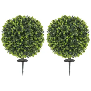 2-pack 1.3ft spherical artificial eucalyptus topiary trees with rustproof ground stakes and full lush leaves ideal for decorating balcony leisure spaces and indoor corners
