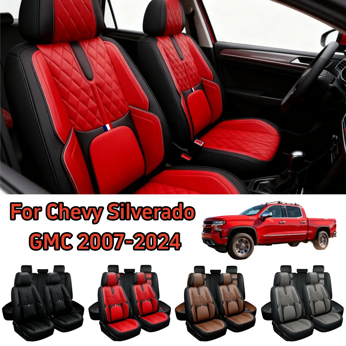 Luxury Full Set Car Seat Covers for Chevrolet Silverado GMC 2007-2024 Pickup Trucks, Thickened Upgraded Premium NAPA Leather Polyester-Foam 5-Seat Protector, Waterproof Non-Slip, Full Surround, Seamless Fit, Wear-Resistant, Split Rear Benches, Storage Bag