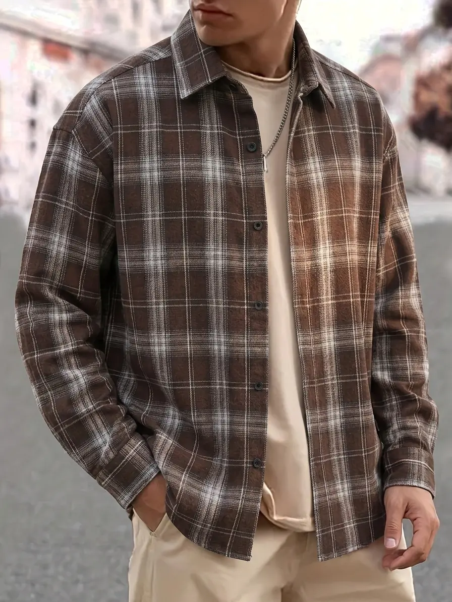 Unisex cotton plaid long-sleeve shirt, loose fit with button collar and striped design; great value—soft, thick, and breathable. Retro casual style, suitable for autumn and winter; ideal for both men and women, perfect for streetwear and layering.
