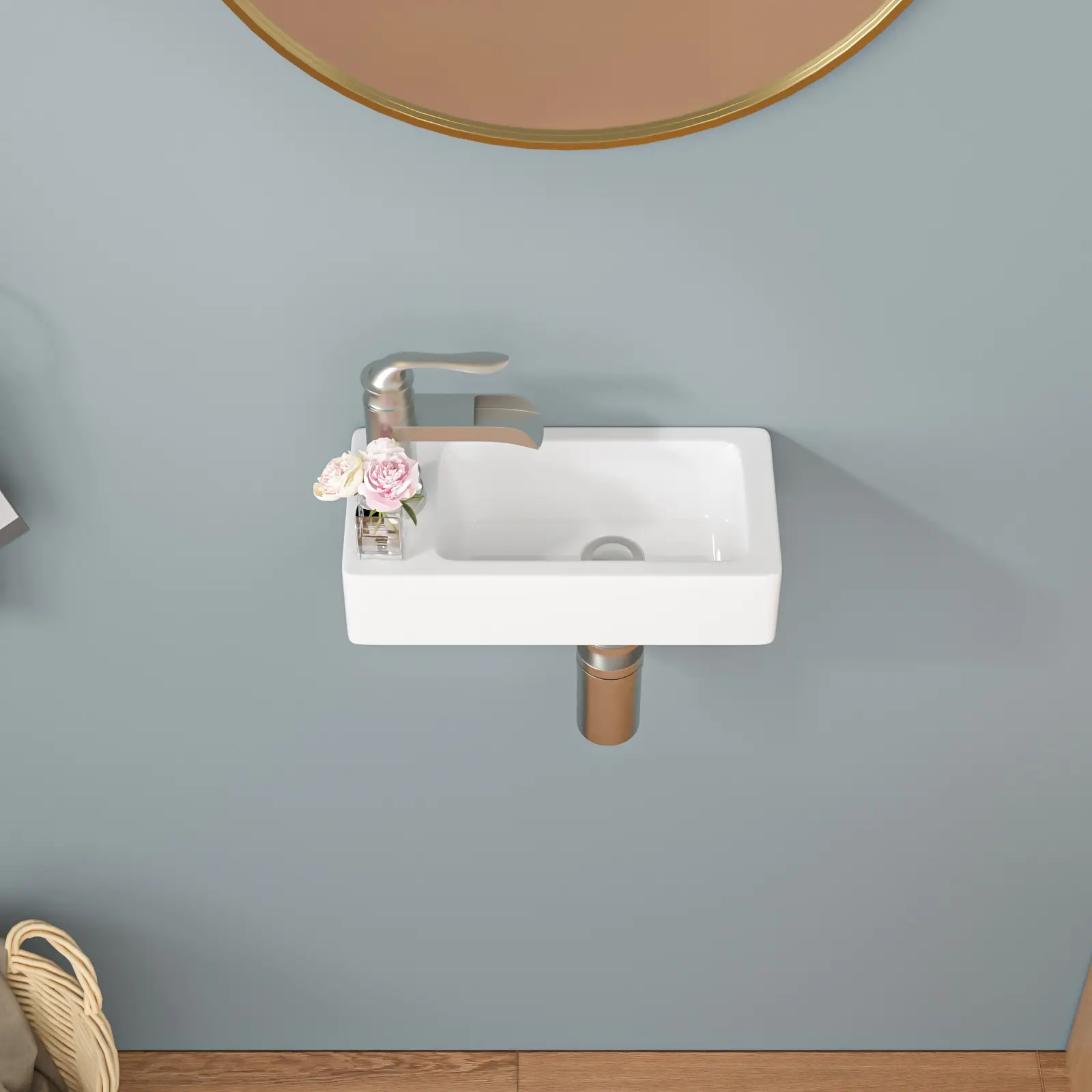 Sarlai 14 x 9 Wall Mount Bathroom Sink Rectangle White Ceramic Bathroom Sink Wash Basin Small Floating Ceramic Sink, Left Hand