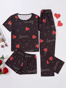 Romantic Red Heart Love Letter 3 Piece Pajamas Set for Women Soft Comfy All Day Loungewear Sleepwear