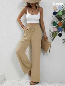 Women's Solid Color Pocket Wide Leg Pants, Casual Comfy Drawstring Waist Trousers for Summer, Women's Bottoms for Daily Wear, Casual Fashion Pants
