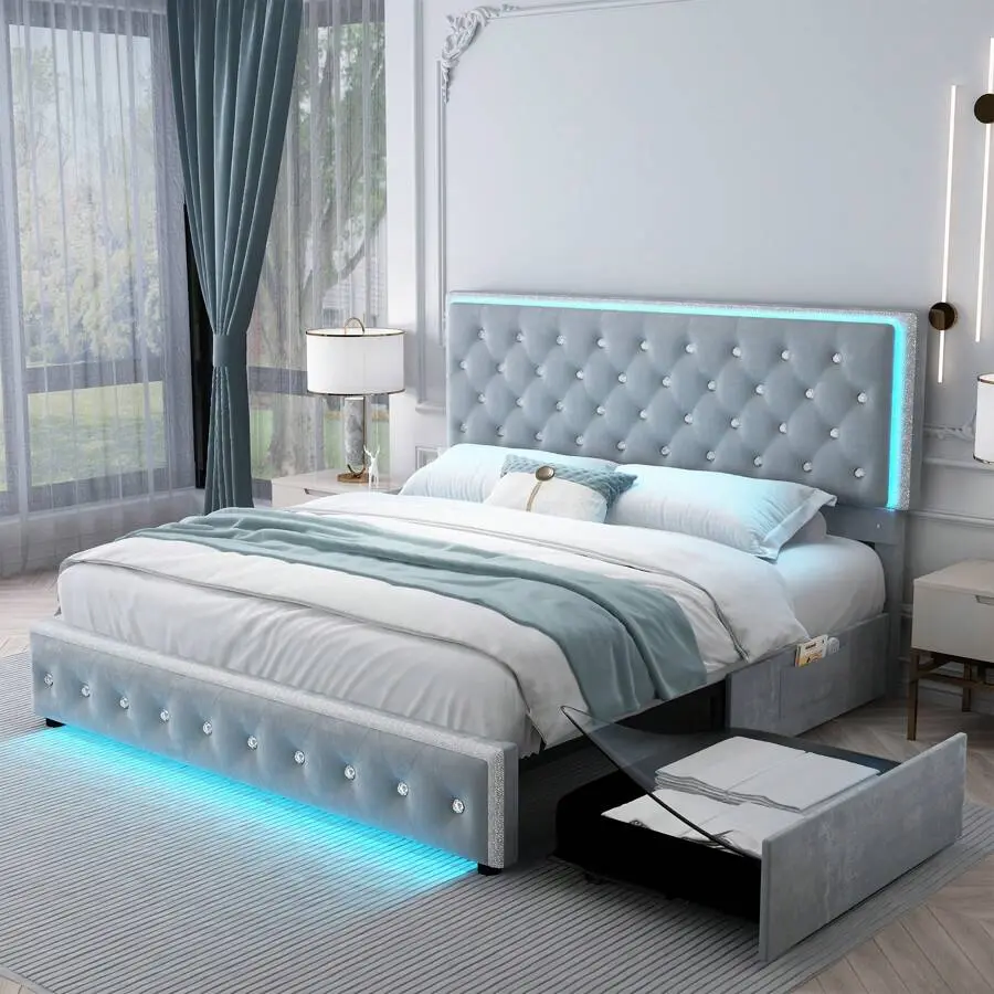 Modern King Size Upholstered PU Leather Platform Bed Frame - Queen/Full Compatible, RGB LED Lights, Crystal Button Tufted Headboard, Solid Wood Slats Support, 2 Drawers, 2 Side Pockets, Easy Setup, Bed Frames with Storage, Upholstered Platform Bedframe, A
