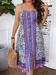 Plus Size Bohemian Style Strapless Dress, Summer Vintage Ethnic Print Loose Fit Slimming Long Dress, Women's Fashion Clothing