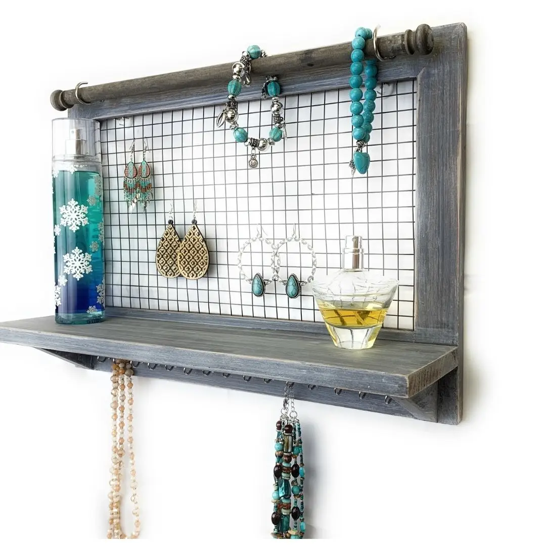 Rustic Wood Wall-mounted Jewelry Wooden Organizer Gray-  Perfect for Birthday Gift Jewelry Gift Decor