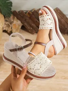 Women's Summer Wedge Heel Lace-Up Sandals, Open Toe Design, Elegant Fashion High Heels, Comfortable Textile Upper, Perfect for Casual Wear