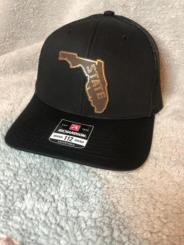 State of Florida/ Florida State 112  Richardson Trucker Hat w/ Leatherette Patch- Florida Hats/ Black Hat-Florida Seminoles