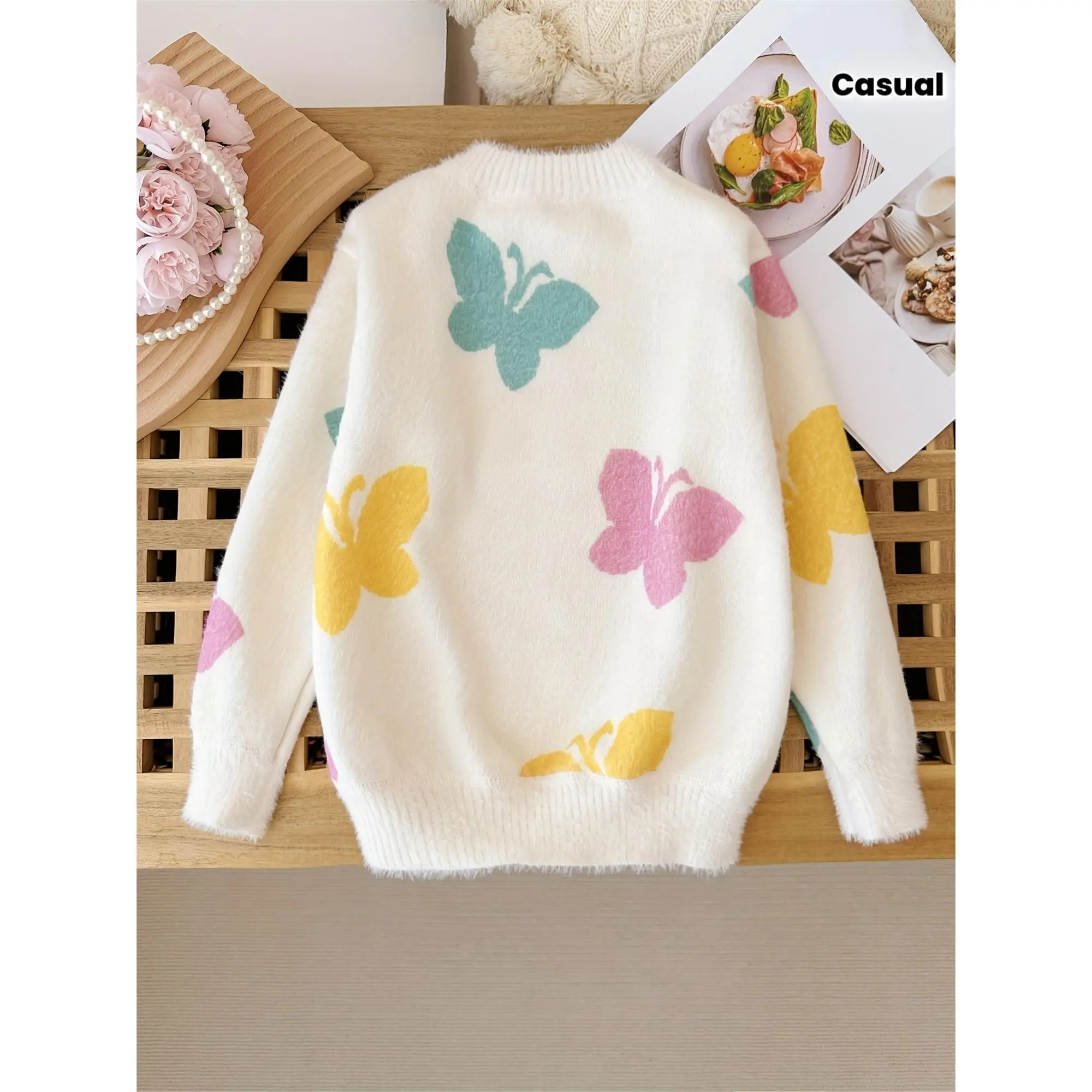 Girls' Autumn/Winter New Colorful Print Fleece-Lined Warm Sweater, Perfect for Fall and Winter, Knit, Cozy Pullover With Long Sleeves, Crew Neck, And Geometric Pattern, Casual Style, Hand Washable, Casual Wear |   Geometric Pattern Sweater |   Knit Cons