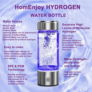 Hydrogen Water Bottle, 14OZ Portable Hydrogen Water Generator with SPE and PEM Technology, Rechargeable Hydrogen Rich Water Glass Water Ionizer Machine for Home Travel Fitness Daily Drinking