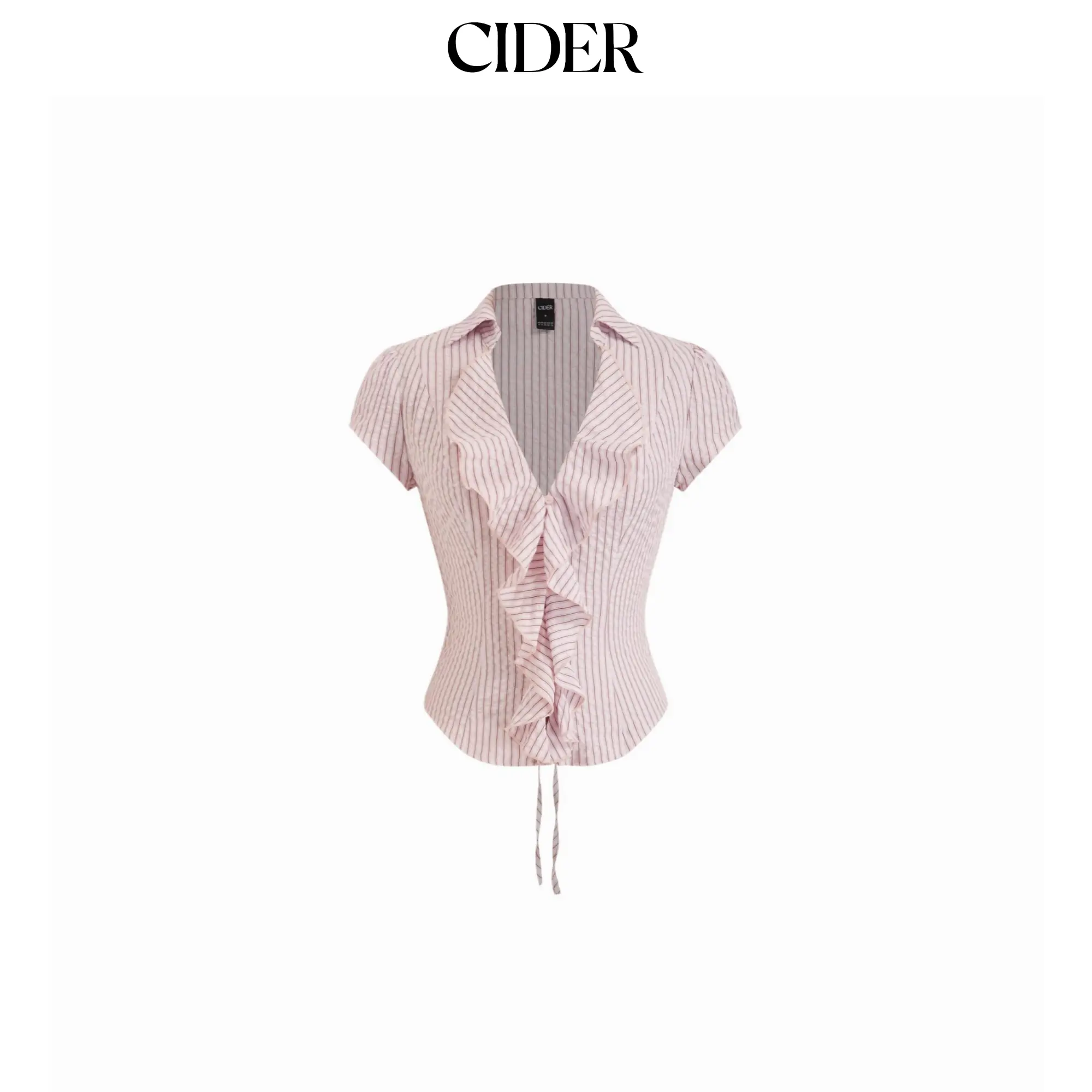 Cider Casual Striped Cotton-blend Top for Women, Collared Shortsleeve with Ruffled Hem Detail, Blouse Shirt, Button Closure, Regular Length