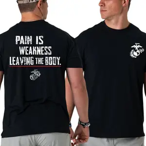 Unisex U.S. Marines 100% Soft Cotton Short-Sleeve Tee & Hoodie, Ribbed Streetwear Classic Round Neck, 2-Sided Motivational Graphic, "Pain Is Weakness Leaving the Body" Quote, Eagle Globe Anchor Logo, Casual Fit