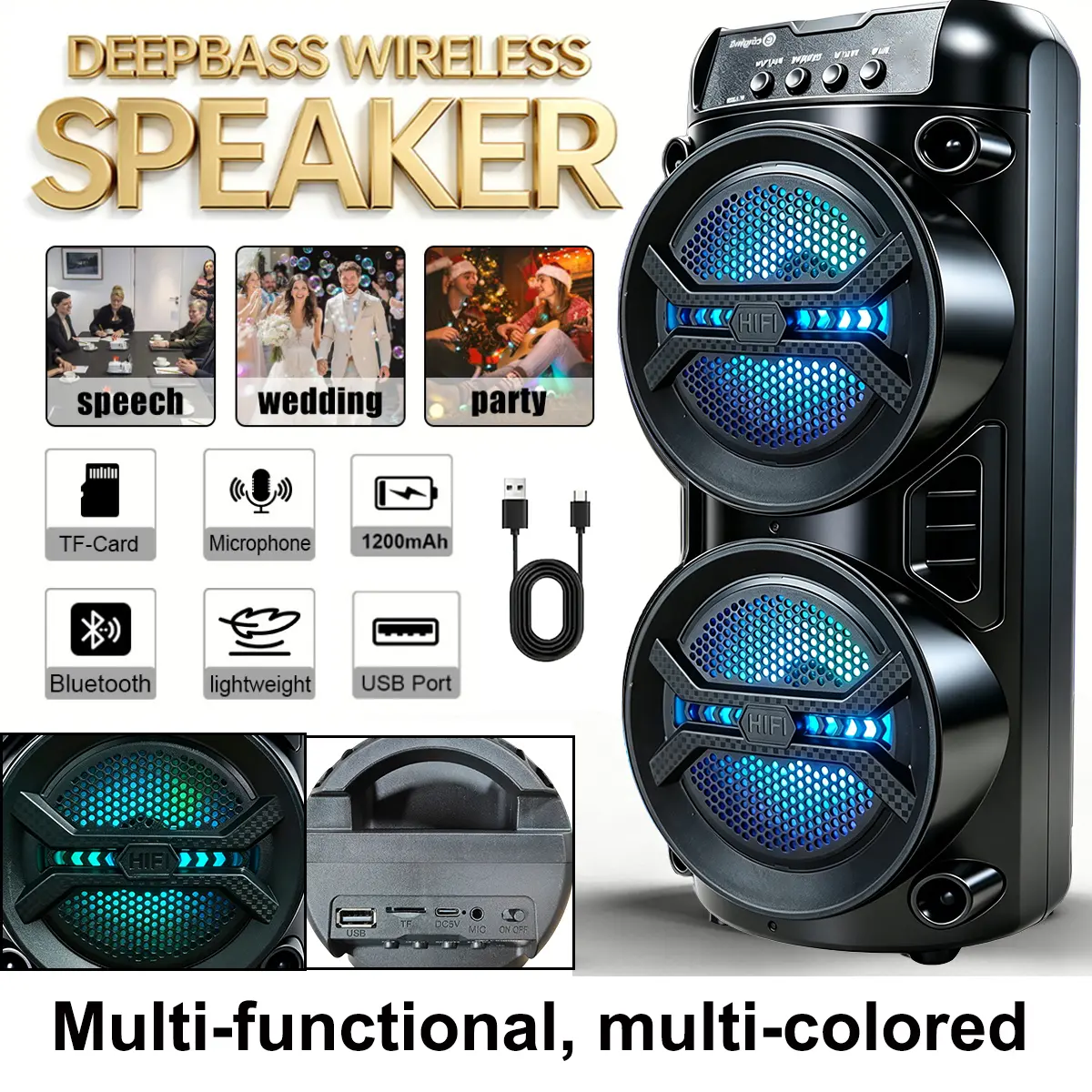 ortable Wireless Speaker Retro Style Bass-Enhanced Subwoofer Audio System High-Power Multicolor, Bluetooth Speaker, LED Speaker Supports FM/TWS/MIC, TF Card, USB Type-C Loud Stereo Speaker for RV Travel/Camping