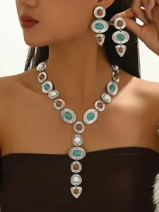 Fashion Classic Geometric Oval Y-Shape Necklace Earrings Set, Cracked Acrylic Jewelry, Versatile Party and Daily Accessory