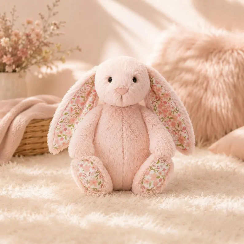 Jellycat Pink Bunny Plush , Valentine Bunny Stuffed Animal, Soft Floral Ear Rabbit Doll, Cute Nursery Plushie, Romantic Gift for Her