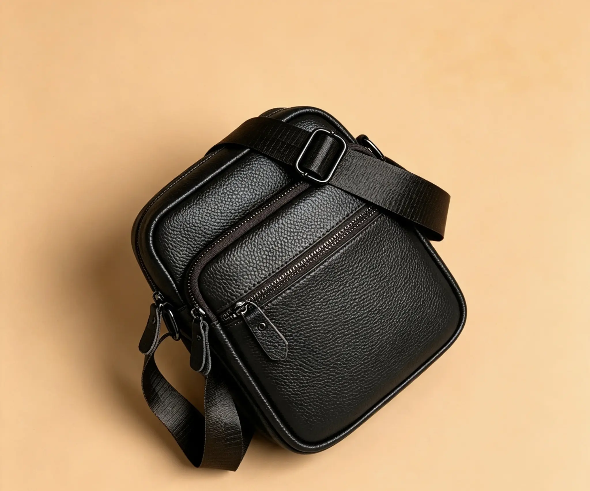 Men's Compact Vertical Genuine Leather Crossbody Small Bag with Adjustable Strap, Zipper Pockets for Sports, Outdoor Running