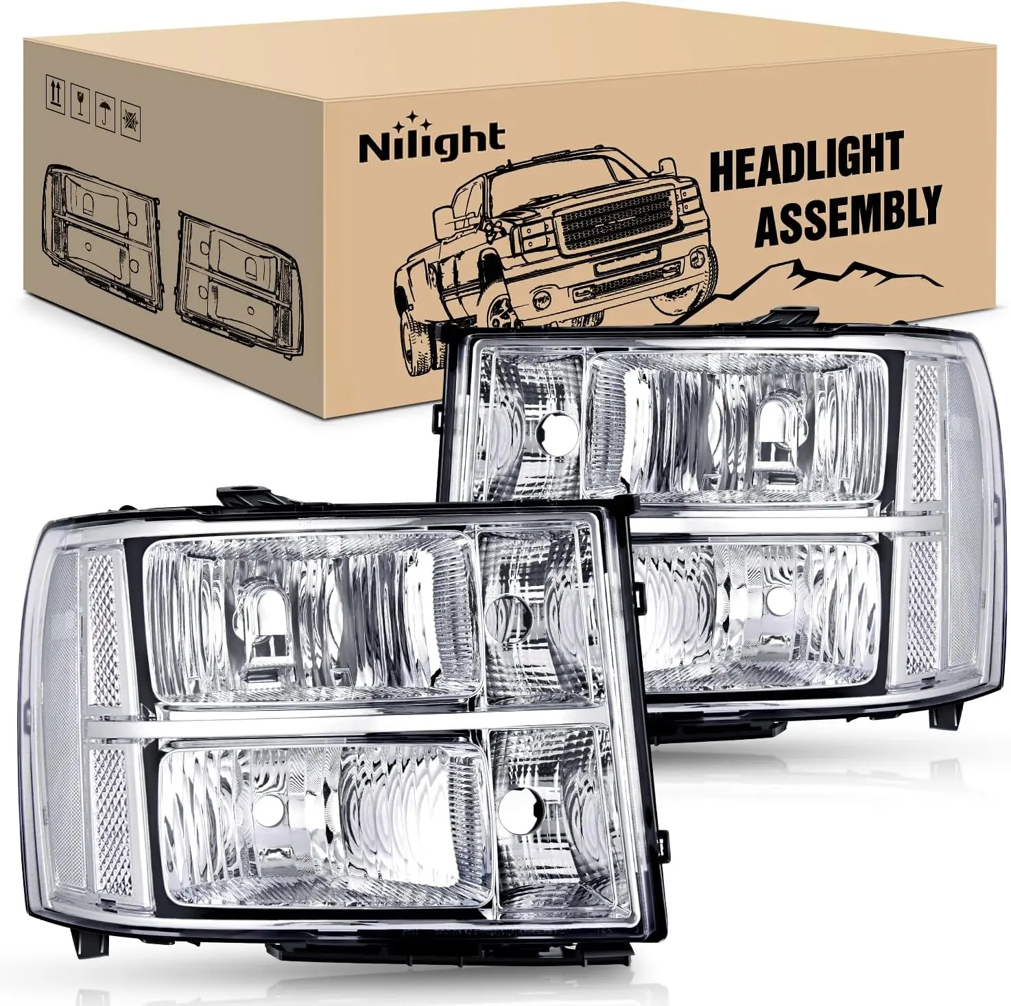 Nilight Headlight Assembly Replacement - Chrome Housing, Clear Corner, Clear Lens Compatible for 2007, 2008-2013 GMC Sierra 1500, 2008-2014 GMC Sierra 2500 HD/3500 HD Automotive Light