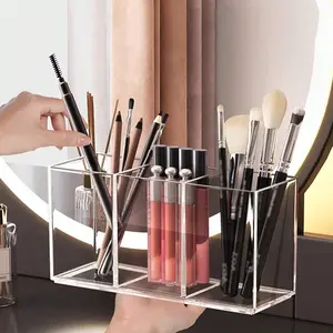 Transparent Acrylic Makeup Brush Holder & Cosmetic Storage Box, Beauty Supplies Organizer, Three-Compartment Desktop Organizer, Square Pen Holder for Home Bathroom Office Desk