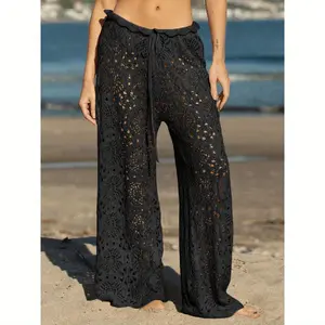 Womens Crochet Swimsuit Coverup Pants High Waisted Drawstring Sexy Sheer Mesh Knit Wide Leg Beach Pants