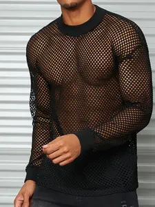 Men's Mesh Long Sleeve Drop Shoulder T-Shirt, Breathable Workout Top, Trendy Hollow Out Underwear, Fashionable Gym Wear