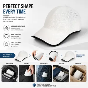 Unisex Baseball Cap, stretch & wrinkle resistant, washable and sun protective. Lightweight and portable, laser perforated for breathability, odor resistant. Foldable to smaller than a phone, adjustable size, ponytail-friendly design, great holiday gift.
