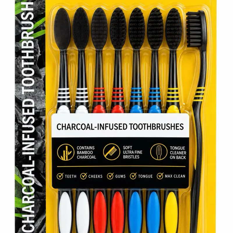Charcoal-Infused Toothbrushes 8-Pack – Soft Ultra-Fine Bristles, Bamboo Charcoal & Built-In Tongue Cleaner