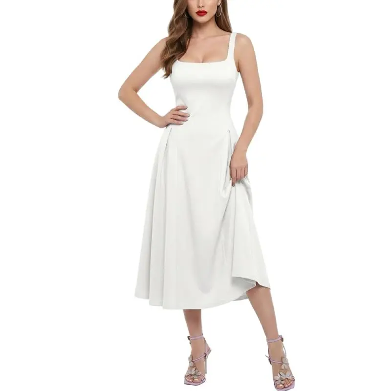 Rosegalette Women dresses for summer Square Neck Midi Dress,summer dresses for 2026 Adjustable Straps Fit and Flare A-Line Dress elegant formal dress for women backtoschoolshopping