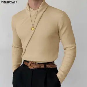 INCERUN,,, INCERUN Menswear Basic Knitwear Top, Spring/Summer Men's Fashion Knitted Fabric Cross-Design Long Sleeve Pullover Sweater