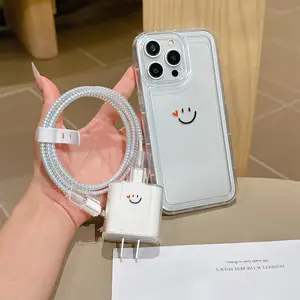 6 Piece Set Transparent Cute Expression Phone Case, Charger Head Cover, Cable Protector, Storage Rope, Data Line Protection, iPhone 6-17 Pro Max