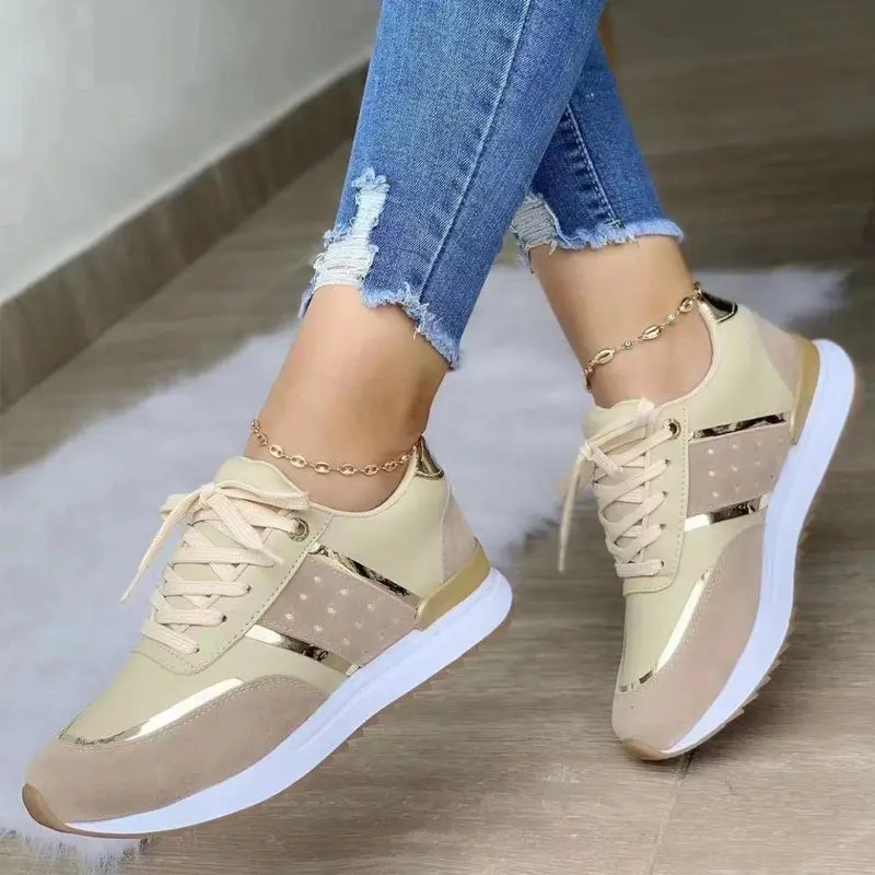 Women's Closed-Lace Platform Sneakers, Trendy Lightweight Plain-Toe Casual Walking Shoes, Comfortable Everyday Women's Sneakers Footwear, Sneaker