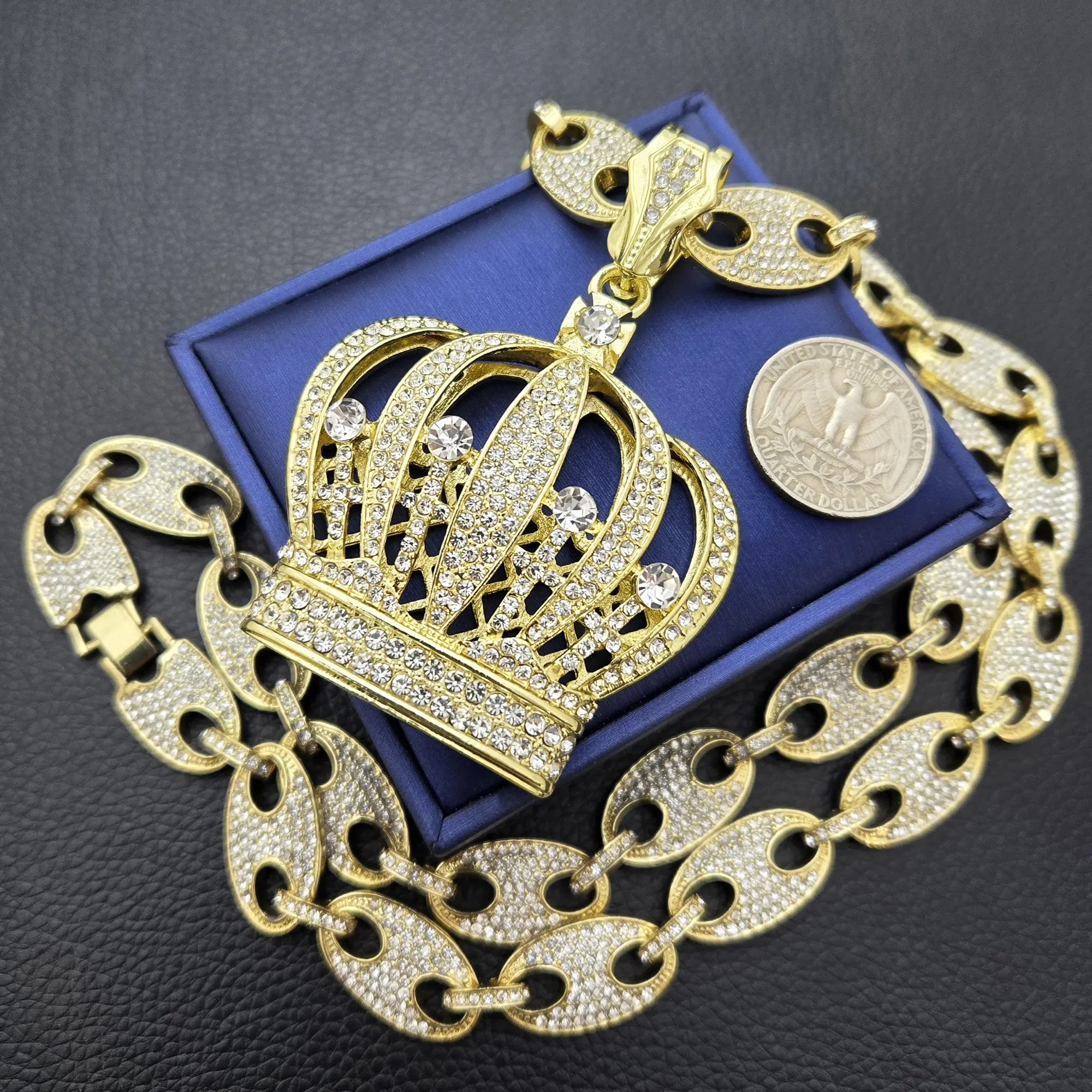MaxBling81 Unisex Hip Hop Chain-studded Necklace with Gold-Plated 55mm King Crown Pendant and 15mm 30" Mariner Chain, Casual Fashion Modern Accessories, Cubic Zirconia, Chain-Studded Necklaces