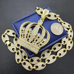 King Crown Gold Plated Large Pendant & 15mm 30" Full Iced Mariner CZ Chain Hip Hop Style Necklace For Men