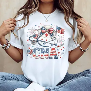 Patriotic Cna Nurse Hat Stethoscope And American Flag Print T Shirt Women Casual Short Sleeve Top 4th Of July Independence Day Celebration Apparel