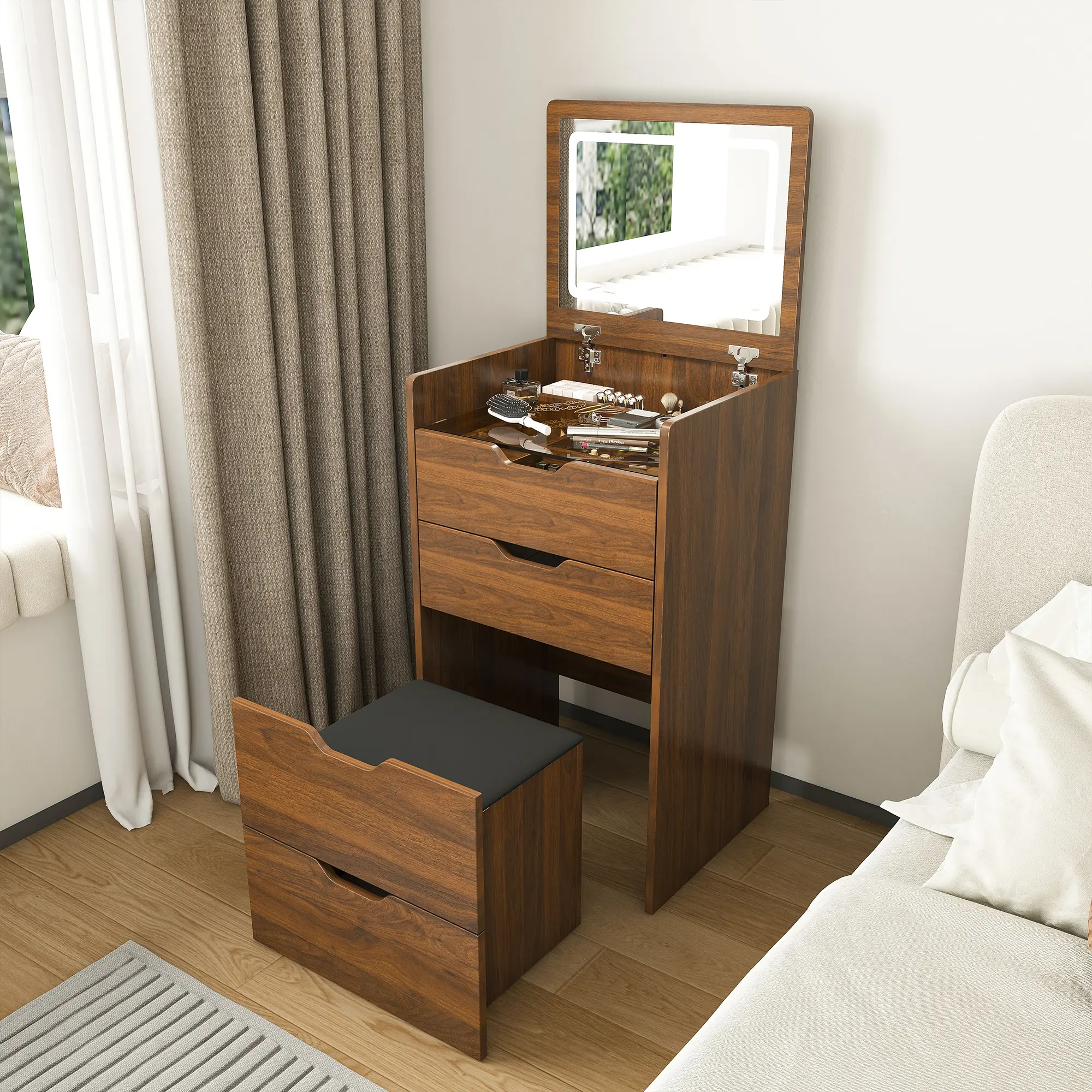 Sturdy LED Vanity Desk - 3-in-1 Wooden Table with Lighted Mirror, Stool, Flip-Top Mirrored Surface, Compact Storage Organizer for Bedroom/Bathroom Organization & Storage Cabinet (18.9"L, Walnut)