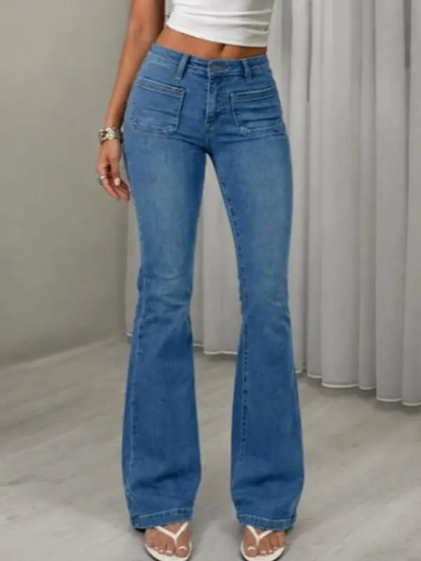Women High Waist Flare Jeans Double Patch Front Pockets Medium Wash Stretch Slim Bootcut Denim Pants