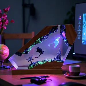 Toothless Light Fury Resin Lamp How To Train Your Dragon Creativity Night Light Handmade Art Table Lamp with Fantasy Castle, 3D Miniature Scene Multi-Color LED Light Desktop Decor, Cafe Game Room Home Decoration Handmade Gift for Christmas, New Year