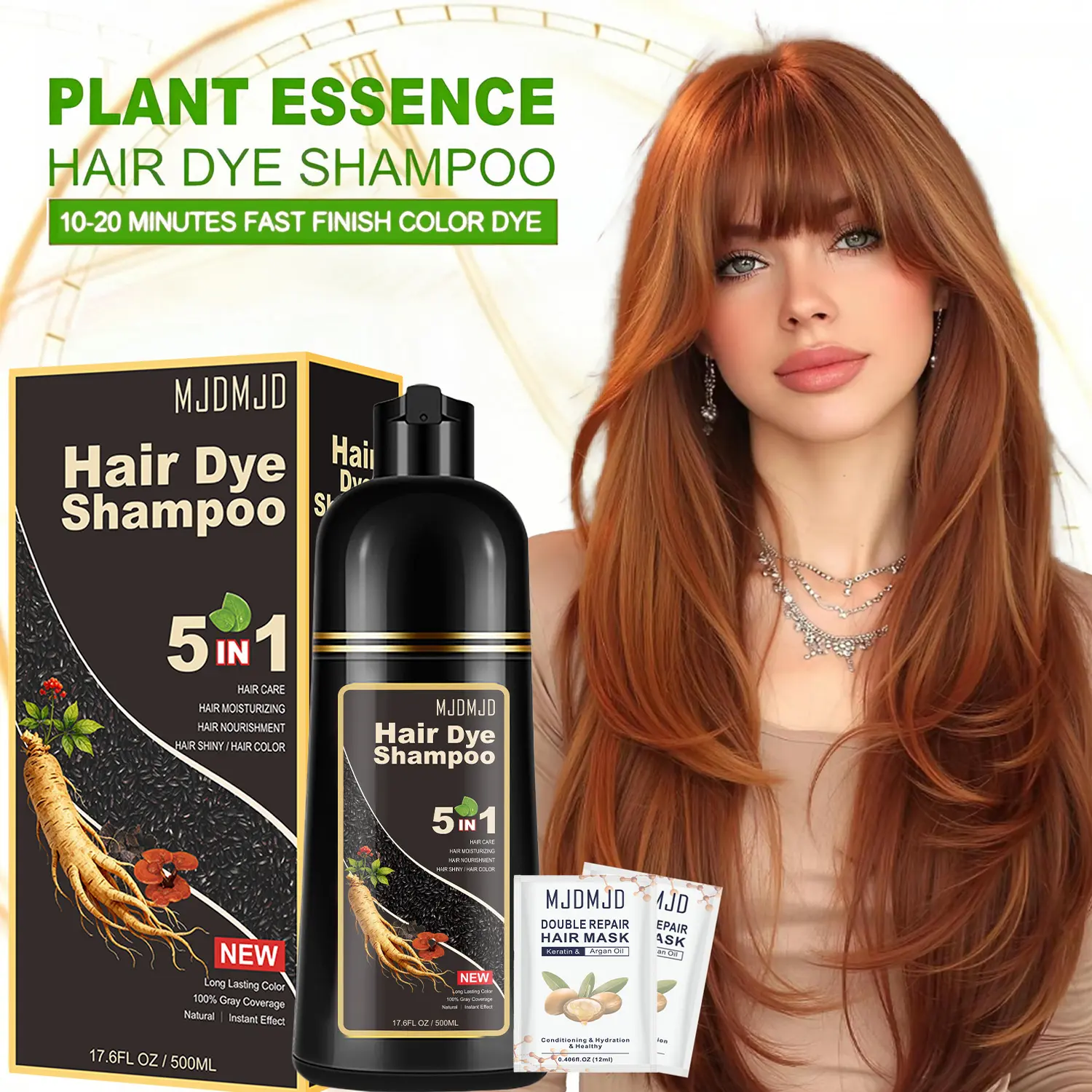 5-in-1 Honey Pure Brown Hair Color Shampoo,With 2 Packs Hair  Mask,Natural Herbal Ingredients,Plant Pigments,Cover Gray Hair,Moisturizing,Ginger Extract,Long-Lasting,Gentle And Non-Irritating,Ammonia-Free,Unisex,Suitable for All Hair Types,Haircare