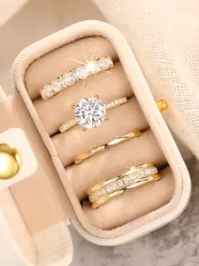 Women's Elegant Rhinestone Decorated Ring Set, Exquisite Trendy Ring Set, Fashionable Jewelry for Women As Engagement Anniversary Wedding Party Jewelry Gift, Dainty Stacking Rings, Solitaire Stackable Rings