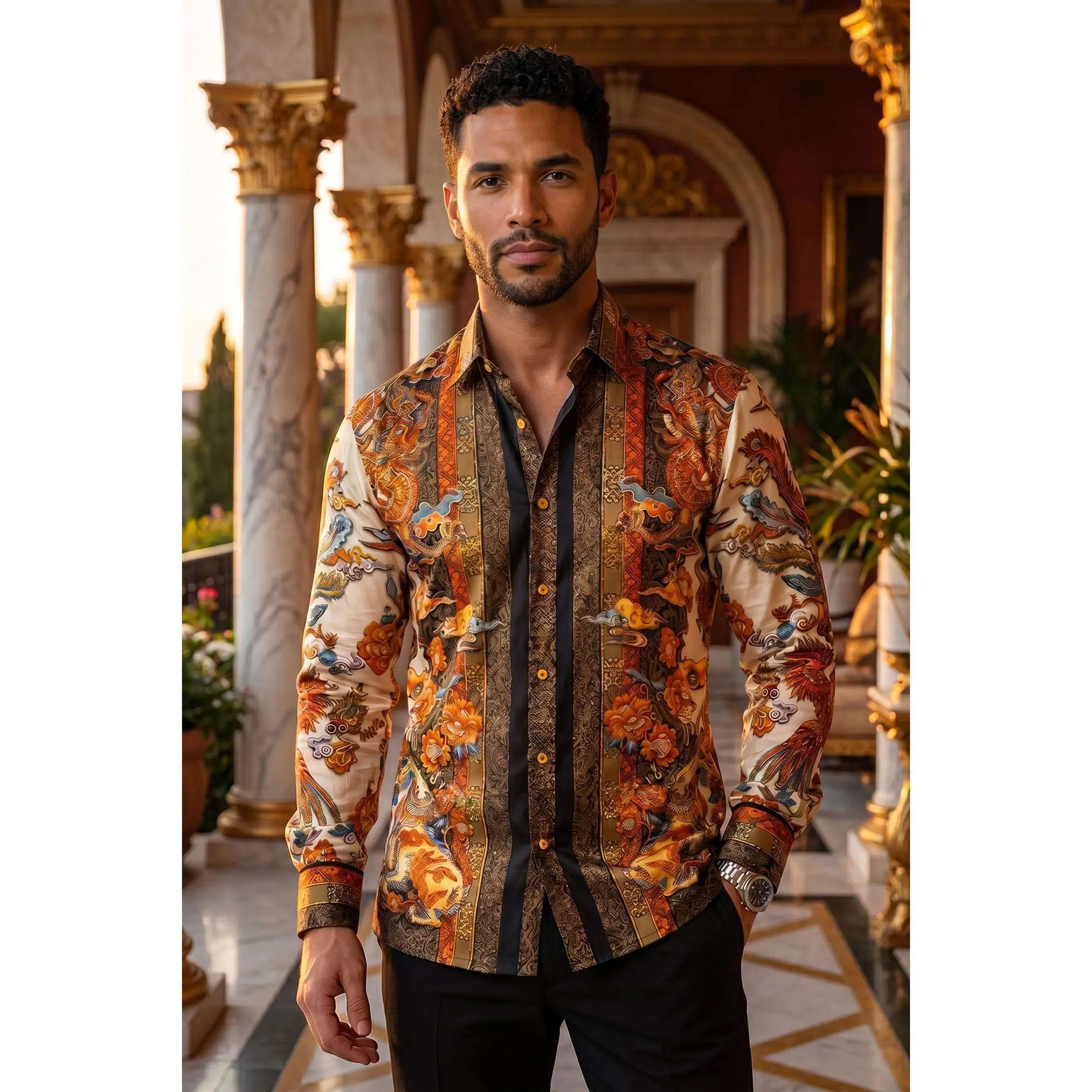 Flitstitch Rhinestone Long Sleeve Shirt Slim Fit Top Floral Fabric Menswear Original