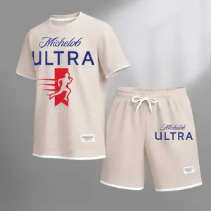 Men's vintage beverage print drawstring shorts set, suitable for spring and summer wear. This casual summer set includes a short-sleeved shirt and shorts, perfect for everyday wear and sports. Two-piece set design.