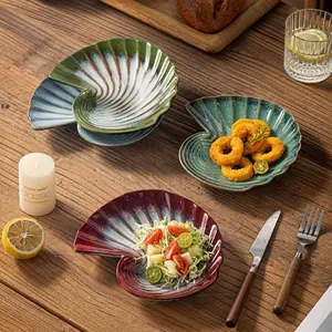 4 Piece Mixed Color Snack Plates Set, 8 Inch Shell-Shaped Modern Ceramic Plates, Microwave & Dishwasher Safe Kitchen Dishes