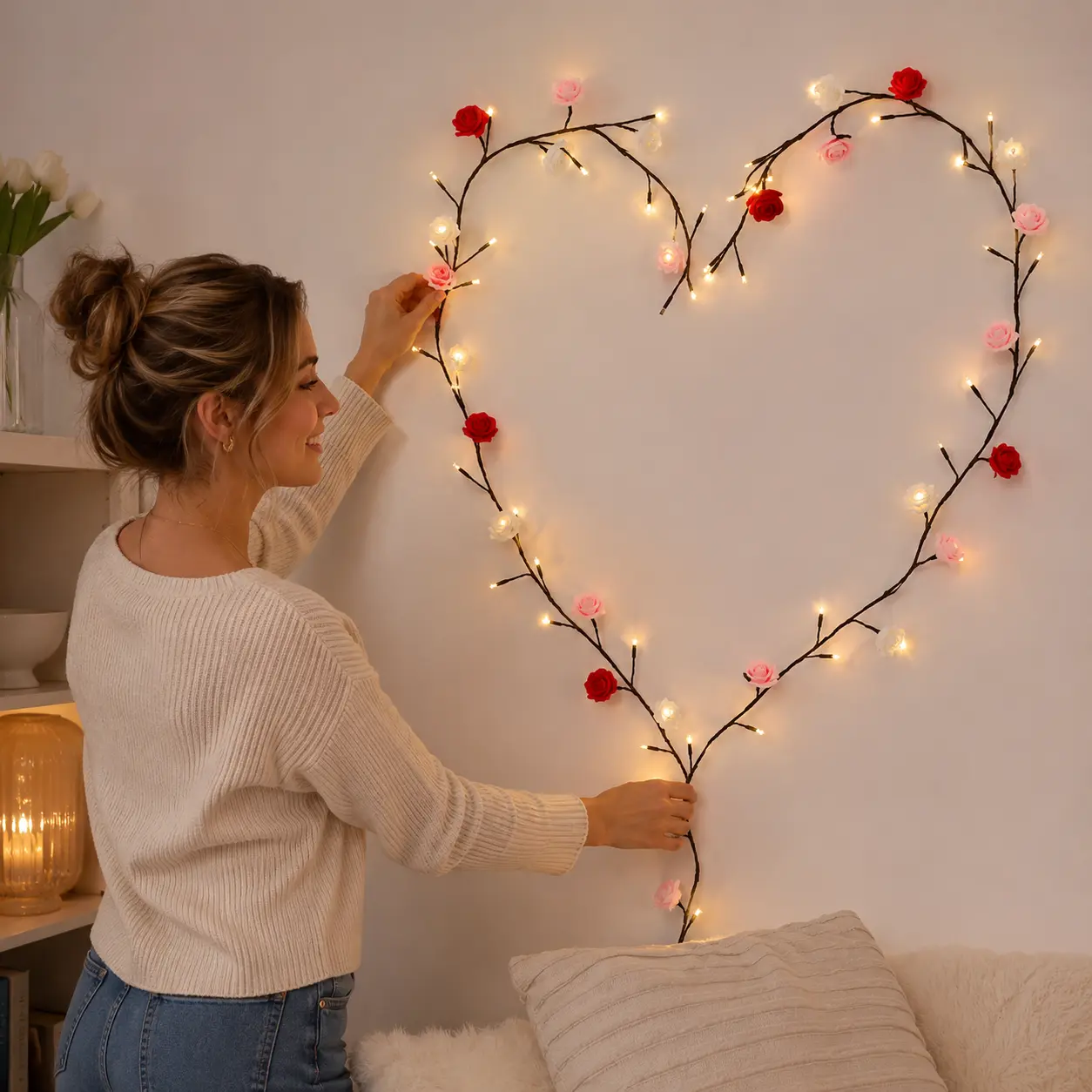 96-Piece LED Wall Hanging Flower & Leaf Party Light Ornaments, USB-Powered Plastic Vine, IP44 Waterproof, 8-Mode Mood Light with Remote Control, for Bonfire Outdoor Garden Valentine's Day Decor Supplies