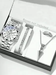 4PCS Silver Men's Fashion Casual Mixed Scale Dial Quartz Watch Bracelet Necklace Ring Complete Accessories Set Men Jewelry Suitable for Daily Wear Decoration