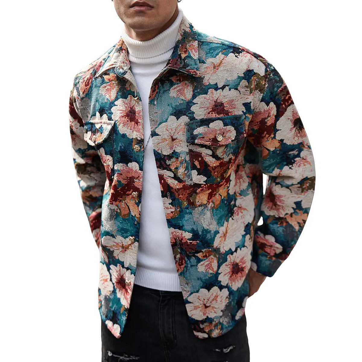 Men's Vintage Floral Print Button Down Overshirt, Lightweight Long Sleeves Casual Street Top, Fashion Statement Piece