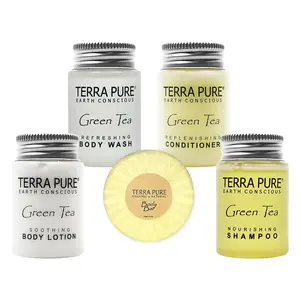Terra Pure All-In-Kit (75 pcs) | 15 of each Shampoo, Conditioner, Body Wash, Body Lotion, and 1.25oz Bar Soap Travel Size Toiletries | Hotel Soaps and Toiletries Bulk Set Body Care Luxury Scented Green Tea